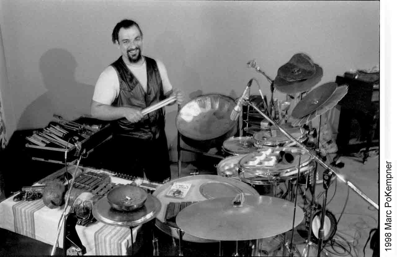 Michael Zerang drum kit photo by Marc PoKempner 1998