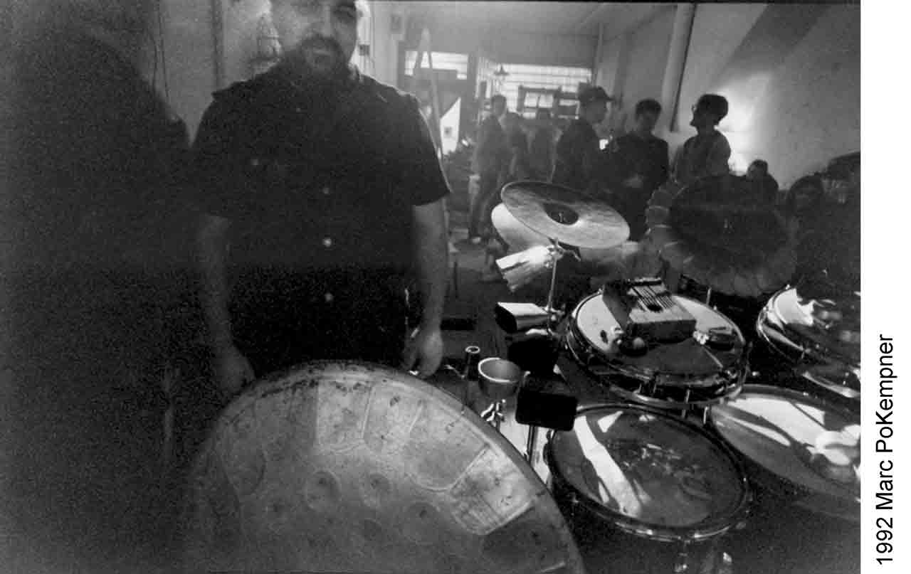 Michael Zerang drum kit photo by Marc PoKempner 1992